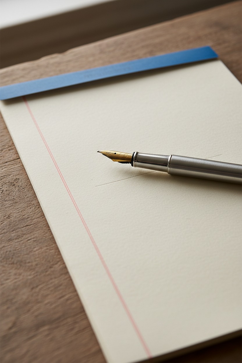 Pen resting on blank pad of paper